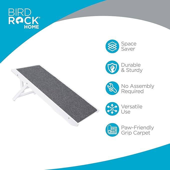 BIRDROCK HOME Adjustable Pet Ramp for Small Dogs, Cats, Puppies - Foldable Wooden Dog Ramp for Couch, Bed, Car - Indoor or Outdoor- Safe, Portable, Non-Slip Carpet - 16", White