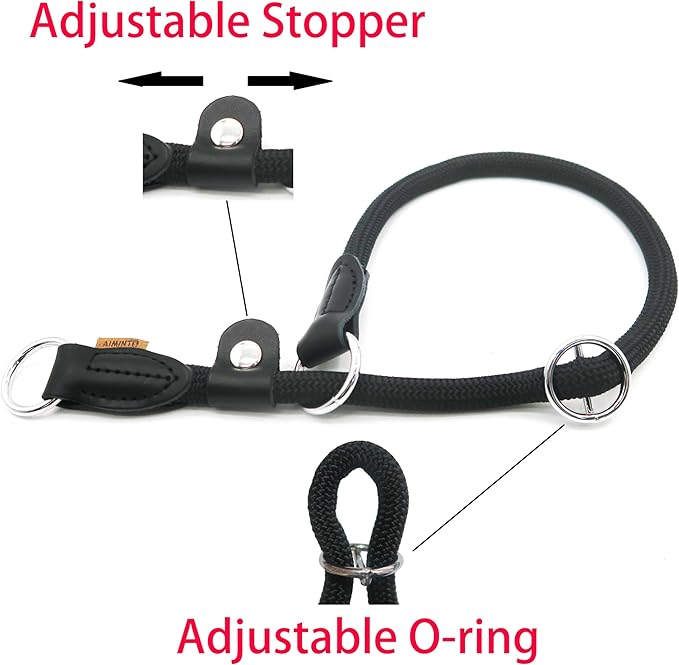 Braided Round Martingale Dog Collar, Training Collar with Slidable Stop Ring and Adjustable Stopper - Ideal for Small Dogs (S(1/4") - 14" Long, Black)