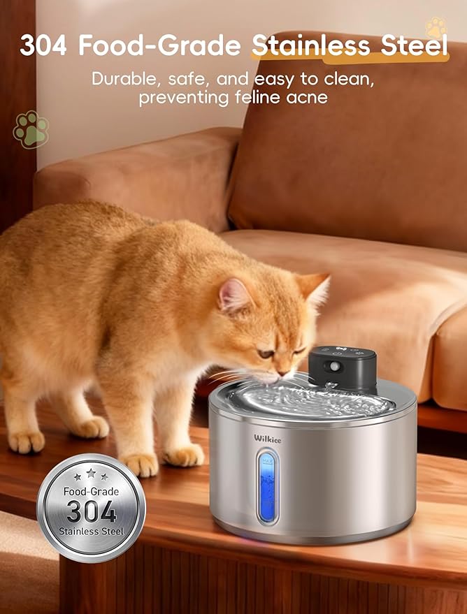 Wireless Cat Water Fountain, 135fl.oz/4L Stainless Steel Cat Fountain Battery Operated, Pet Water Dispenser Cordless for Cats & Dogs Indoor (5 Set Filter)