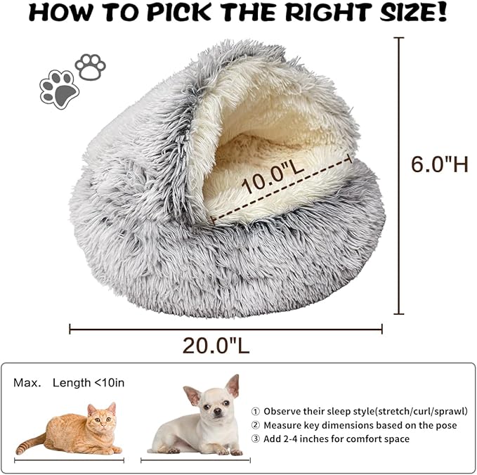 ShinHye Cat Bed Round Plush Fluffy Hooded Cat Bed Cave, Cozy for Indoor Cats or Small Dog beds, Soothing Pet Beds Doughnut Calm Anti-nxiety Dog Bed - Waterproof Bottom Washable (20×20inch, Grey)
