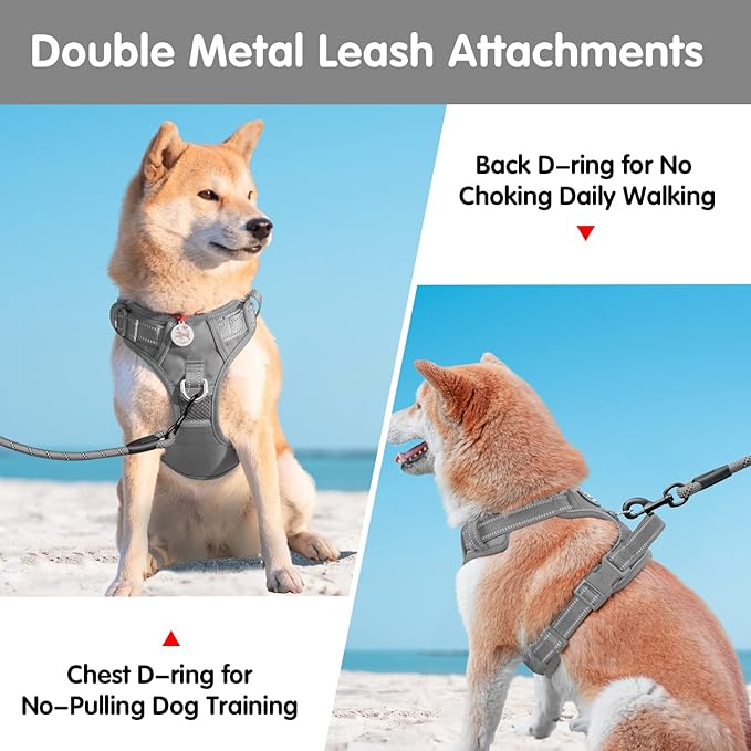 PoyPet No Pull Dog Harness and 5 Feet Leash Set, Release on Neck Reflective Adjustable Pet Vest, Front & Back 2 D-Ring and Soft Padded Pet Harness with Handle for Small to Large Dogs(Grey,S)
