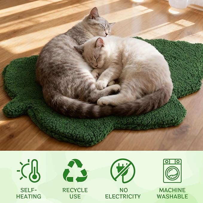 3 Pack Self Warming Cat Dog Bed Leaf Shape Self Heating Pet Mat Non Electric Washable Thermal Sleeping Pad Plush Heated Pet Mat for Crate Floor Indoor Outdoor(Dark Green,Medium-18 x24)