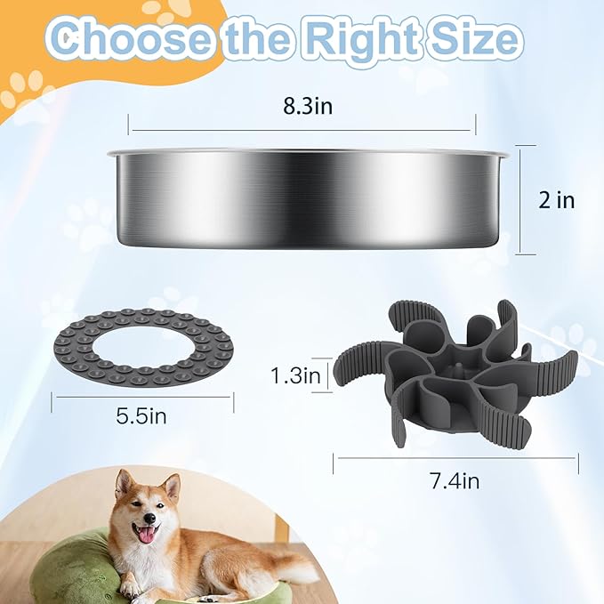 2-in-1 Slow Feeder Dog Bowls, Stainless Steel Pet Bowls with Silicone Slow Feeder Insert, Removable Non-Slip Rubber Base for Small, Medium, and Large Dogs to Slow Down Eating (Large Breed)