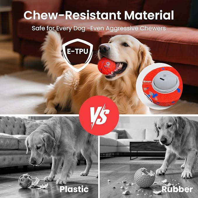 Smart Interactive Dog Toy Ball - Auto Bouncing & Rolling, Chew-Resistant E-TPU Material, 3 Interactive Modes, IPX7 Waterproof, Smart Chase Pet Toy Ball for Medium and Large Dogs (Red)