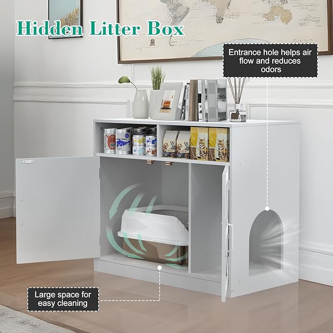 Cat Litter Box Enclosure Furniture Ultra-Large Wooden Enclosed Litter Box Furniture,2-Door Storage Cabinet, 2 Open Drawers, 1 Air Vents,Cat Litter Furniture Fit Most of Litter Box.