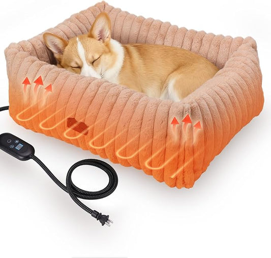 Heated Cat Bed Indoor, Pet Bed with 6 Temperature & 5 Timer Settings, Fluffy Cat Couch with Removable Machine-Washable Cover for Dogs Kitten Puppy in Winter, UL & FCC Certified, Medium, Brown