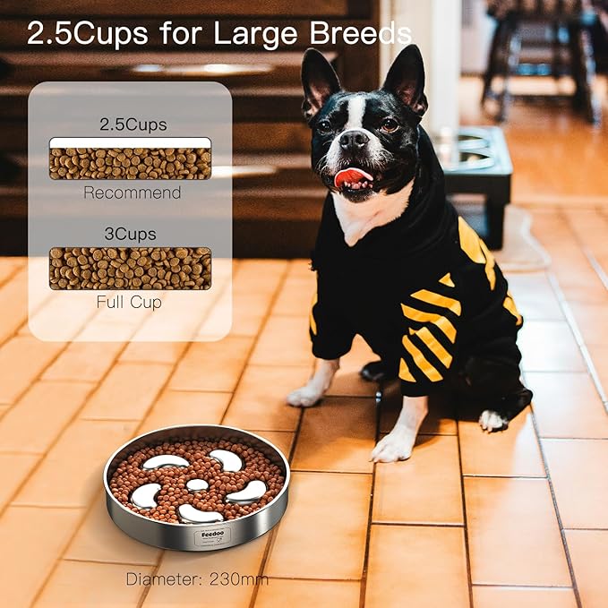 Slow Feeder Dog Bowl-2.5Cups for Large Breeds, Double Wall Food-Grade Stainless Steel, Heavy Duty with Non-Slip Rubber Base, Puzzle Maze Bowl to Slow Down Eating