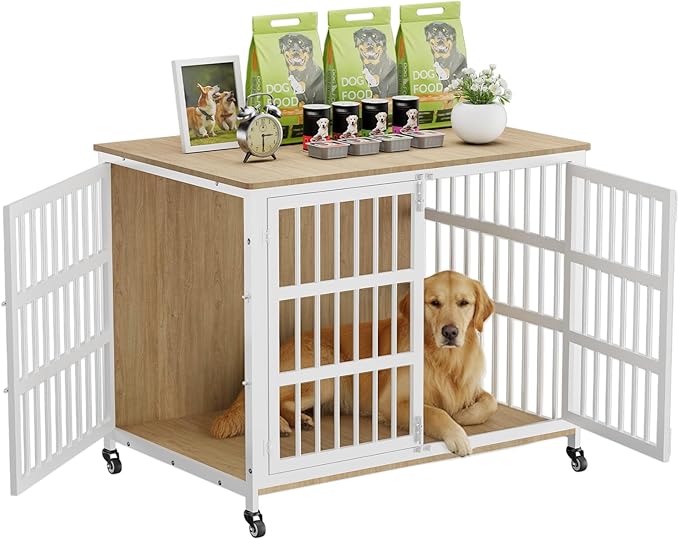 42" Furniture Style Large Dog Crate with Wheels, Metal Chew-Resistant Dog Kennel Indoor for Large & Medium Dogs, 41.9" W x 28.3" D x 31.7" H, Decorate House as TV Stand, End Table — Natural and White
