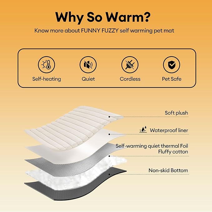 FUNNY FUZZY Self Warming Cat Bed, Waterproof Corduroy Fleece Warm Self Heating Pad for Cats & Dogs, Non-Skid Thermal Pet Mat Indoor with Removable Washable Cover - ThermoPad, 31.5"×25", Cream White