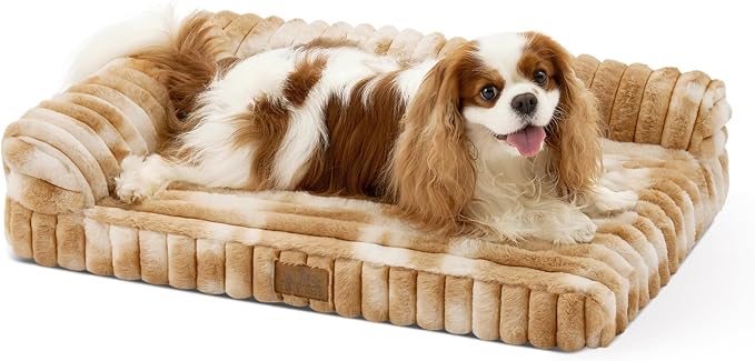 Cute Dog Bed, Faux Rabbit Fur Orthopedic Foam Dog Bed with Sides, Removable Washable Cover & Waterproof Lining, Comfortable Pet Couch for Small Dogs, Tie-Dye Brown (30" L x 20" W x 6" Th)