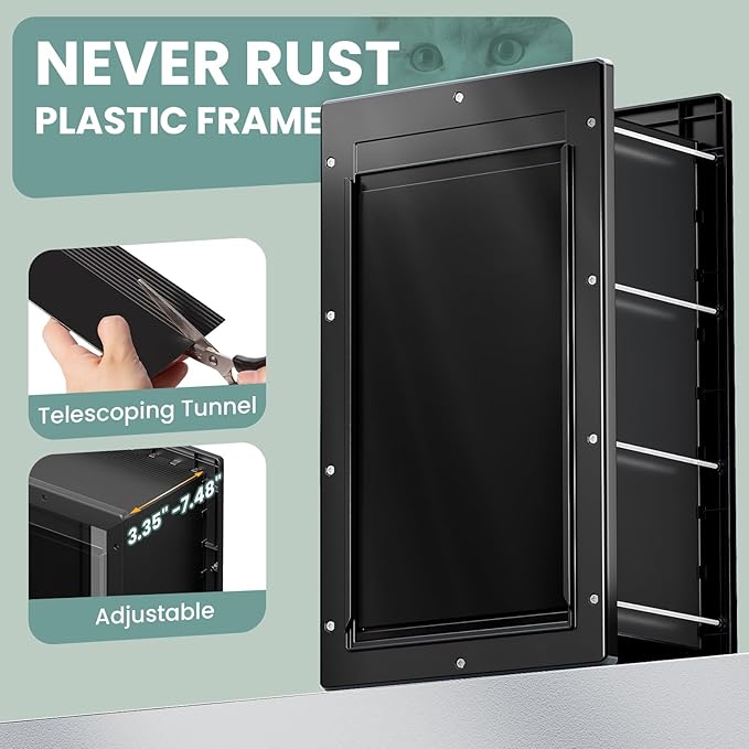 Durable Frame 3-Flap Wall Dog Door, Extreme Weather Large Doggy Door for Wall, Never Rust Wall Pet Door, Telescoping Tunnel, Insulation Flap, 2 Magnetic Flaps, for Pet Up to 100lb