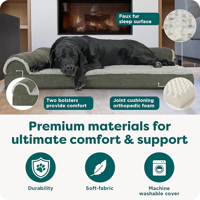 FurHaven Orthopedic Dog Bed for X-Large Dogs, L-Shaped Chaise Contour Mattress with Egg Crate Orthopedic Memory Foam for Joint Support, Removable Washable Cover, Jumbo XL, Faux Fur & Suede, Dark Sage