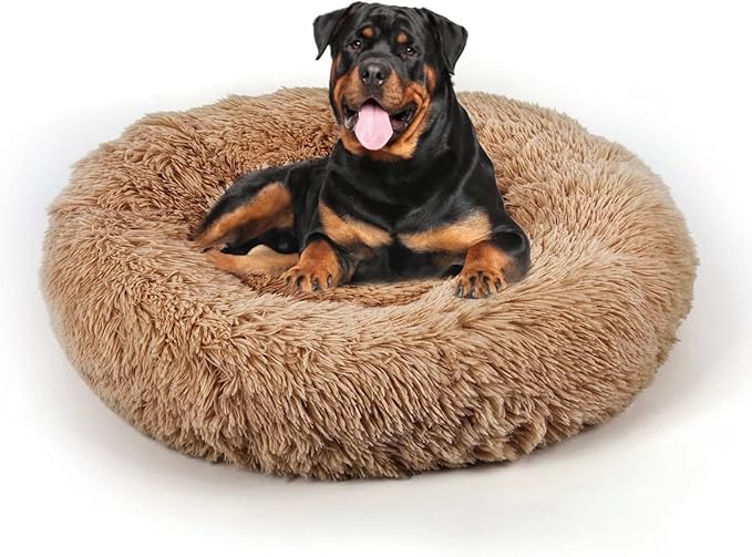 Dog Bed, Cat Calming Bed, Faux Fur Pillow Pet Donut Cuddler Round Plush Bed for Large Medium Small Dogs and Cats (Camel, 44.0" L x 44.0" W x 7.0" Th)