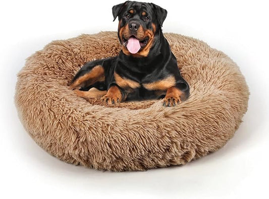 Dog Bed, Cat Calming Bed, Faux Fur Pillow Pet Donut Cuddler Round Plush Bed for Large Medium Small Dogs and Cats (Camel, 44.0" L x 44.0" W x 7.0" Th)