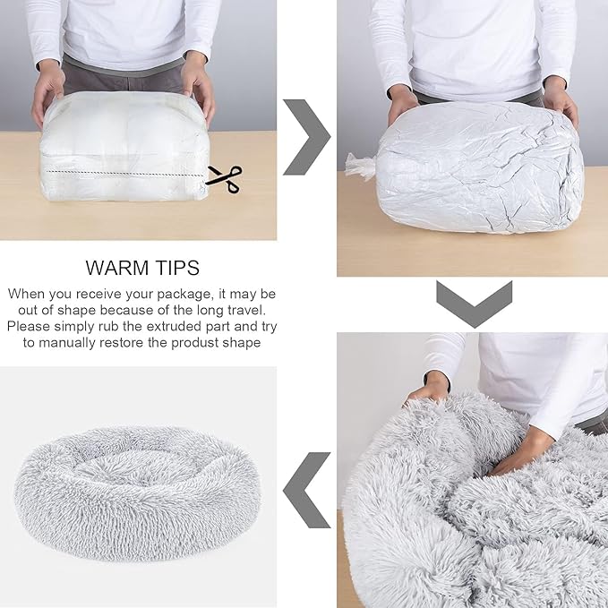 Dog Bed, Cat Calming Bed, Faux Fur Pillow Pet Donut Cuddler Round Plush Bed for Large Medium Small Dogs and Cats (Light Grey, 49.0" L x 38.0" W x 7.0" Th)