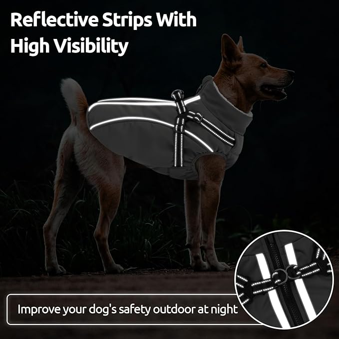 Dog Winter Coat with Harness Built in Warm Puffer Dog Jackets for Small Medium Large Dogs Windproof Waterproof Outfit with Plush Lining and Reflective Stripes (Grey, S)