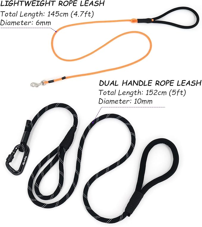 Twin Tails Leash Set - 5ft Double Handle Dog Leash and 4.5ft Lightweight Premium Rope Dog Leashes, Kid-Friendly Family Set, Reflective Pet Leashes for Small Medium and Large Dogs