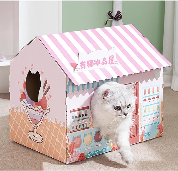 Corrugated Cardboard Cat House with Scratching Pad for Training Toy Cats, Brown