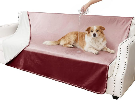 Waterproof Blanket for Couch, Leak Proof Dog Bed Blankets Reversible, Pet Throw Sofa Furniture Protector Machine Washable-52 x82,Burgundy Red+Cream