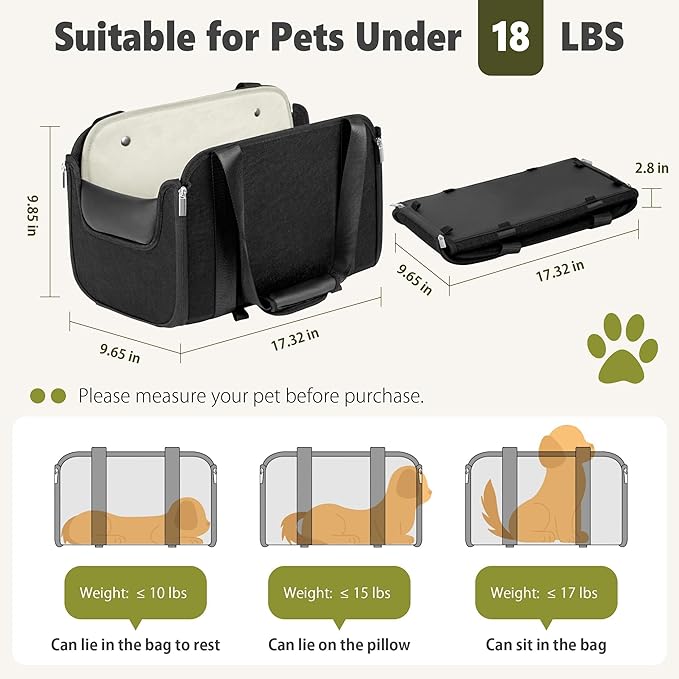 YUDODO Large Dog Car Seat for Center Console (Width＞9in) Fits 0-18lbs, Anti-Slip Puppy Cat Travel Portable Booster Seat, Portable Pet Car Bed Carseat Dual Front & Rear Pillow Black