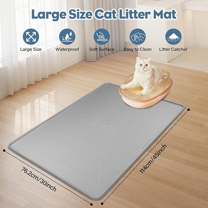 Lorvain Cat Litter Mats, 45" x 30" Extra Large Silicone Cat Mat for Litter Box, Easy to Clean Kitty Litter Trapping Mat, Soft on Kitty Paws, Waterproof, Urine-Proof Kitty Litter Mats for Floor, Grey