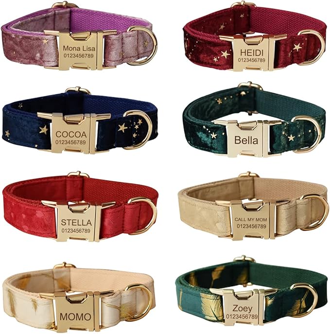 Custom Dog Collar with Metal Buckle - Pet Collars Personalized with Name and Phone Number (Velvet Print)