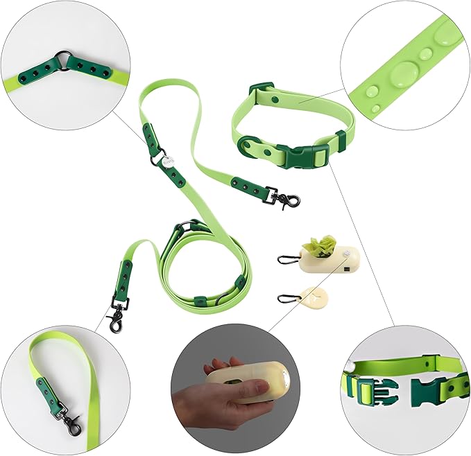 WLK1004B-5SET Luna Small 8FT Adjustable 6-in-1 Waterproof Hands-Free Leash and Collar with LED Flashlight, Bag Dispenser, and Poop Bag Holder, Mojito