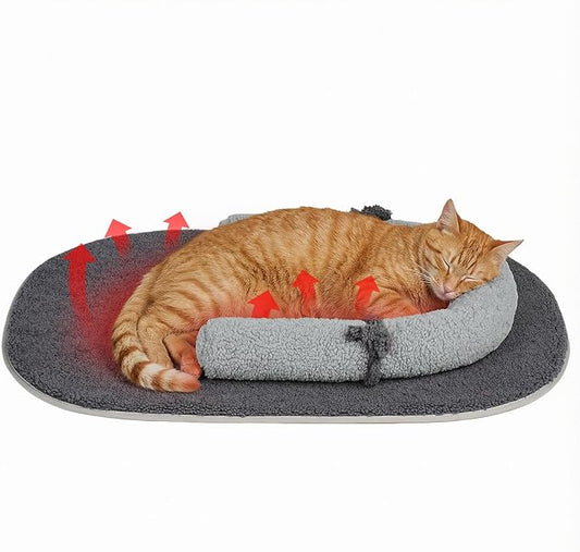 Self Warming Cat Bed Mat with Soft U-Shaped Pillow– Thickened Calming Cat Bed for Kittens and Small Dogs – Portable Washable Cats Warming Pad for Indoor or Travel Use,Black