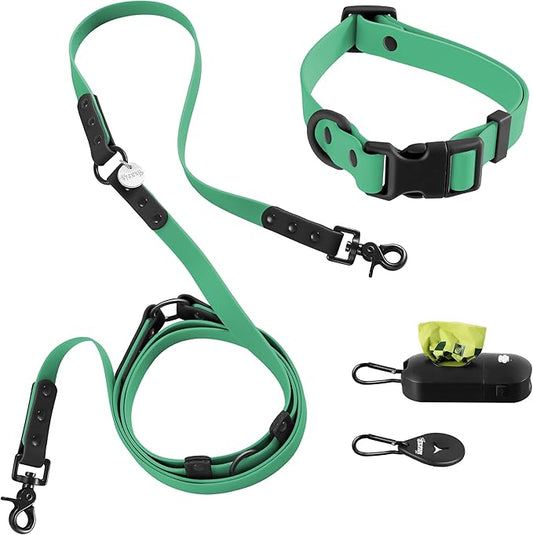 WLK1005K-5SET Luna Medium 8FT Adjustable 6-in-1 Waterproof Hands-Free Leash and Collar with LED Flashlight, Bag Dispenser, and Poop Bag Holder, Julep