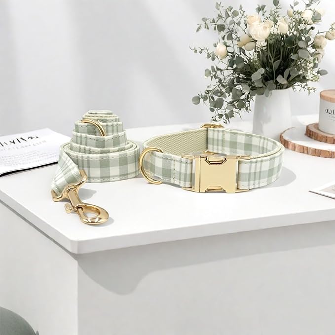 PETDURO Personalized Dog Collar Sage Green Plaid for Large Medium Dogs | Engraved Name and Phone Number on Gold Metal Buckle for Boys & Girls | Add Leash & Bow Tie via Customize Now