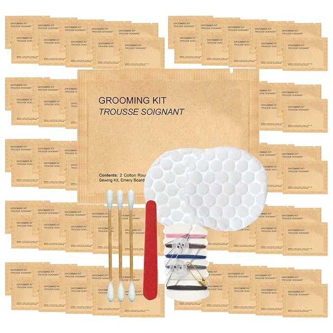 World Amenities Kraft Paper Grooming Kit - Travel Size Toiletries - Cotton Rounds, Bamboo Cotton Tips, Sewing Kit, Emery Board (100 Pack)