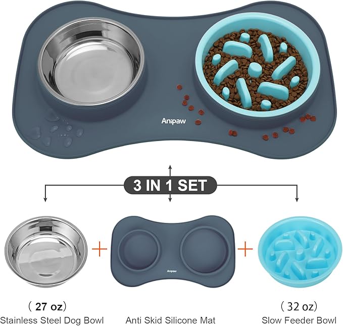 Slow Feeder Dog Bowls 3 in 1 Stainless Steel Dog Food and Water Bowls with Non-Spill and Non-Skid Silicone Mat to Slow Down Eating for Large Medium Small Breed Size Dogs and Cats (Light Grey)