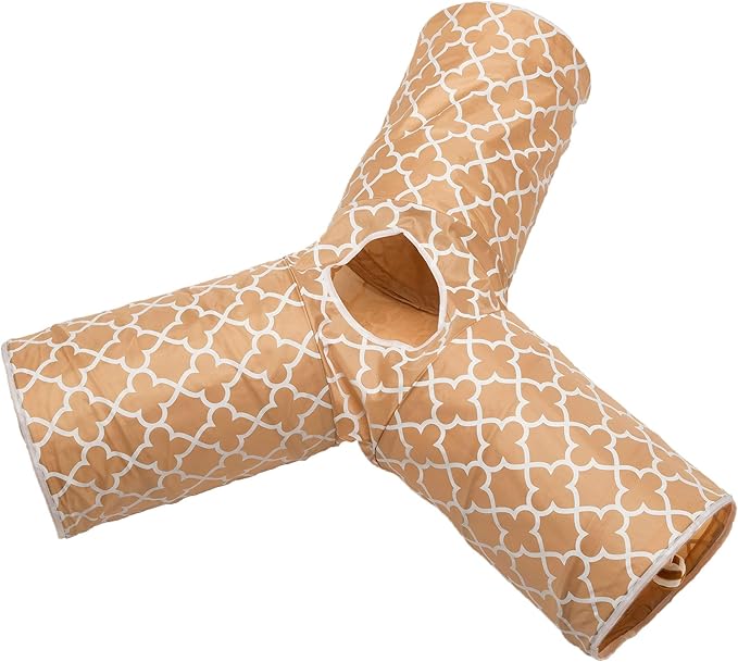 Cat Tunnel - Collapsible 3 Way Quatrefoil Play Toy - Tube Fun for Rabbits, Kittens, and Dogs - Quatrefoil Brown/White