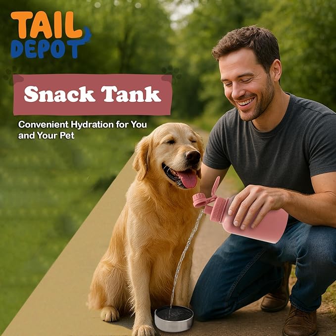 Tail Depot Snack Tank Dog Water Bottle Portable, Pet Water Bottles for Puppy with Food Container, Leak Proof Pet Dispenser for Cats, Small Animals, Dog Gift Accessories Walking, Hiking (1 Liter)