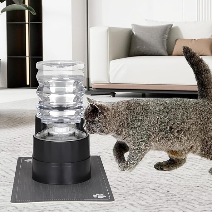 RIZZARI Automatic Cat Water Dispenser: Black 5L Elevated Feeder with Specialized Brush and Triple Filtration - Stainless Steel Gravity Bowl - Leakproof Base for Indoor Pets