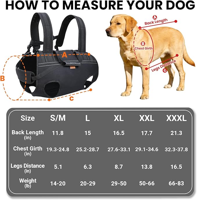 Dog Lift Harness Backpack Carrier for Large Dogs, Full Body Sling with Handle, Dog Harness for Joint Injuries, Arthritis, Ideal for Stairs, Elderly Dogs (Black XXX-Large 66-83 LBS)