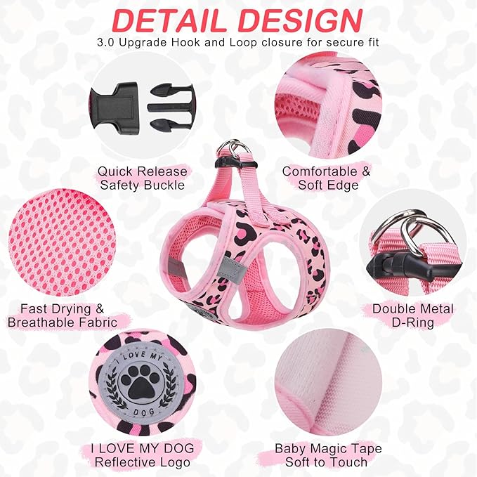 BEAUTYZOO Step in Dog Harness and Leash Set,Reflective Dog Harness No Pull No Choke Puppy Harness for Small Medium Dogs Cats,Soft Padded Mesh Vest Harnesses for Girl and Boy Pets,Leopard Pink M