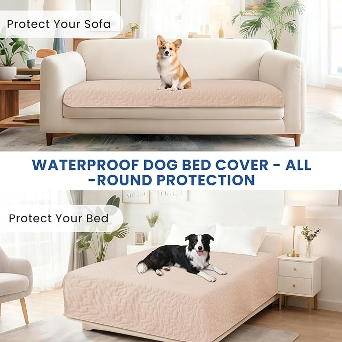 Waterproof Dog Bed Cover, Non-Slip Dog Blanket for Couch, Couch Covers for Dogs Washable, Pet Blanket for Furniture, Pet Bed Mat for Sofa, Car, Couch Protector (52x82 Inch, Beige)