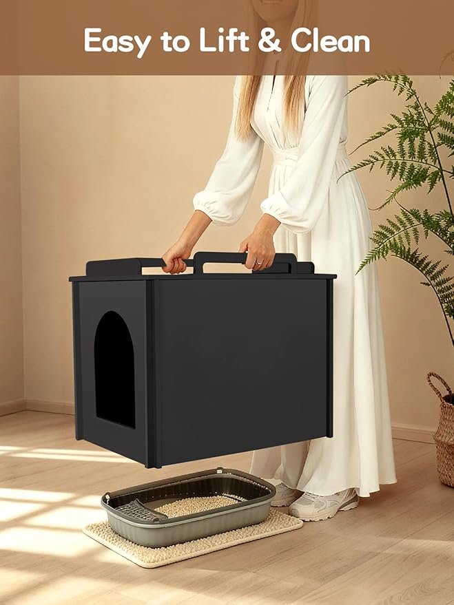 Wooden Cat Litter Box Enclosure, Hidden Litter Box Furniture with Litter Mat, Multi-Functional Cat House, for Living Room Bedroom Indoor, 23.2 x 17.7 x 19.3 inches, Black