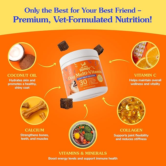 Dr Jay's Romps Multivitamins Dog Chews - Collagen Type II for Joint Health, Digestion, Skin & Coat - Vitamins and Supplements to Boost Immune System - Perfect Treats for Pets - 30 Count