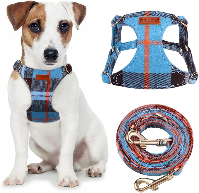 CHEDE No Pull Puppy Harness and Multifunction Dog Leash Set- 8 Colors Soft Adjustable No Choke Escape Proof Cute,Lightweight Pet Vest Harness for Small and Medium Dog (M, Blue Grid)