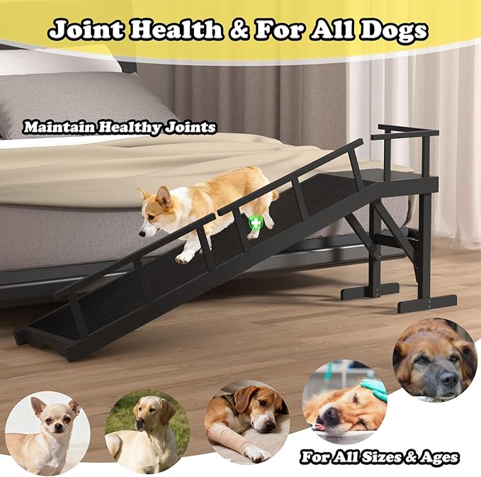 25" Height Dog Ramp for Bed, 73" Long Large Pet Ramp with Non-Slip Surface, Wooden Dog Ramp with Removable Rail & Rest Platform, Also as Dog Stairs for Small Senior Dogs with Glow Strips, Black
