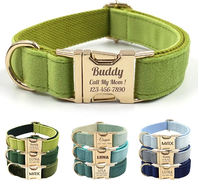 Velvet Personalized Dog Collar with Name - Customizable Dog Collar with Quick Release Metal Buckle - Leash and Bow Tie Available (Yellow-Green, L)