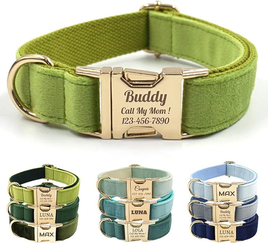Velvet Personalized Dog Collar with Name - Customizable Dog Collar with Quick Release Metal Buckle - Leash and Bow Tie Available (Yellow-Green, S)