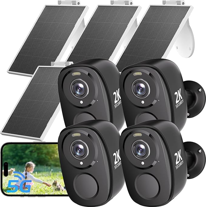 ELECCTV 2.4&5ghz WiFi Solar Security Cameras Wireless Outdoor,2K QHD Home Security System, 4 Cameras Kit with 130° Ultra-Wide View, 2-Way Talk, IP65,Color Night Vision, Spotlight & Siren (4, Black)