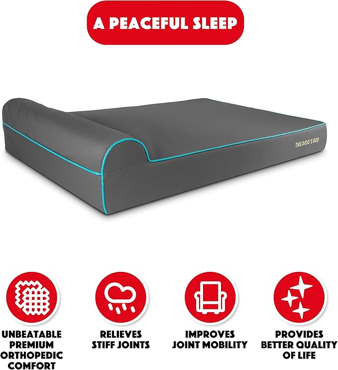The Dog’s Bed Orthopedic Headrest Dog Bed XXL Grey/Blue, Memory Foam, Pain Relief for Arthritis, Hip & Elbow Dysplasia, Post Surgery, Lameness, Waterproof Washable Cover