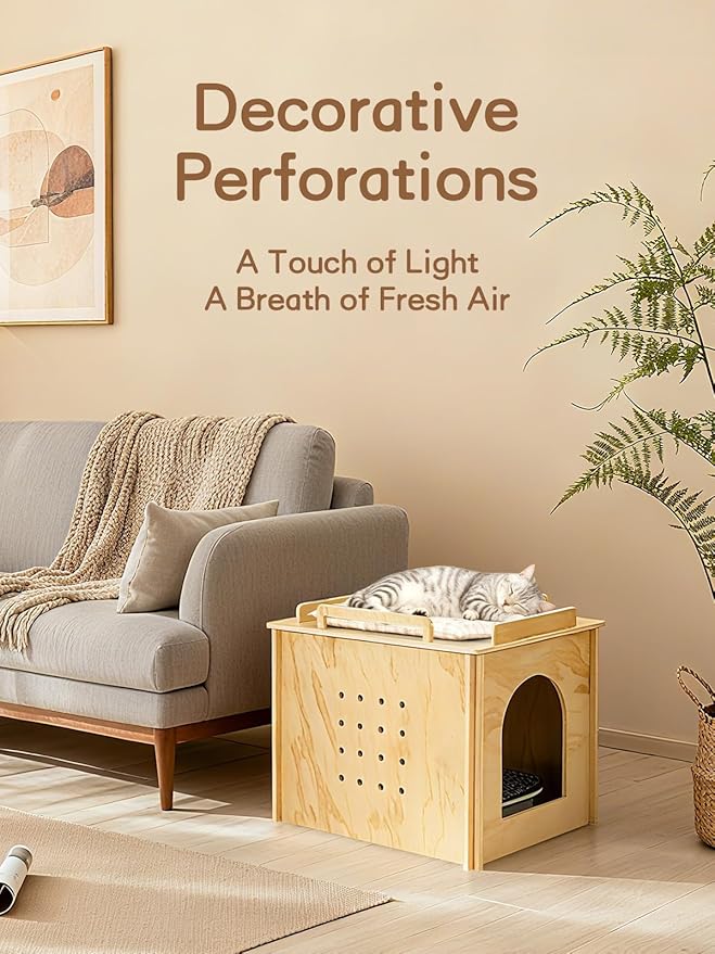 Wooden Cat Litter Box Enclosure, Hidden Litter Box Furniture with Litter Mat, Multi-Functional Cat House, for Living Room Bedroom Indoor, 23.2 x 17.7 x 19.3 inches, Natural