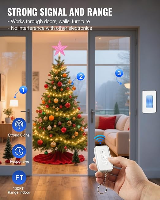 Mini Remote Control Outlet, WILAWELS Wireless Light Switch with Magnetic Base, On Off Remote Outlet Switch for Lights, Lamps, 100ft RF Range, 10A/1250W, Expandable, 1 Remote for 3 Plugs W14RC1306