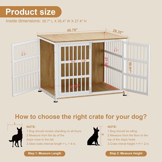 41" Furniture Style Large Dog Crate with Wheels, Chew-Resistant Dog Kennel Furniture Indoor for Large & Medium Dogs, 41"L x 29.1"W x 30.3"H, Decorate House as TV Stand, End Table — Natural and White