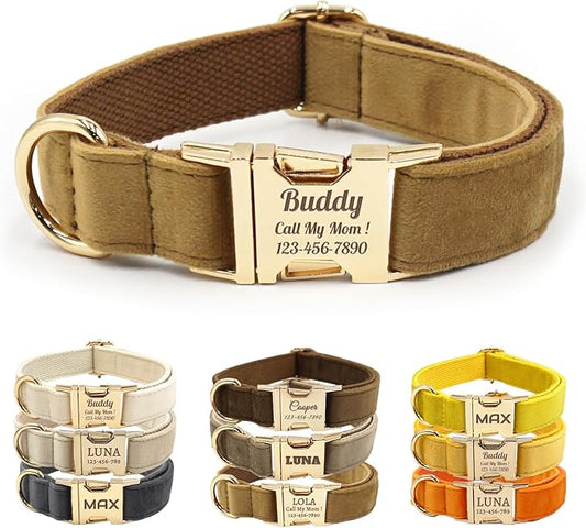 Velvet Personalized Dog Collar with Name - Customizable Dog Collar with Quick Release Metal Buckle - Leash and Bow Tie Available (Tan, L)